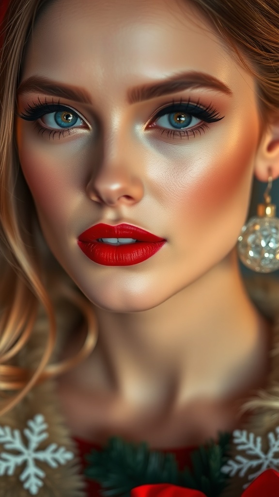 Elegant Christmas makeup with radiant skin, defined eyes, and bold red lips.